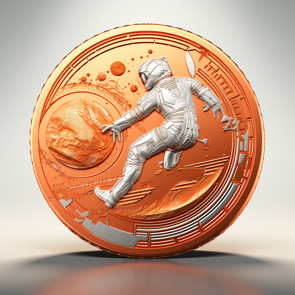 Futuristic Scarlett Orange Astronaut Landing on Genesys Coin