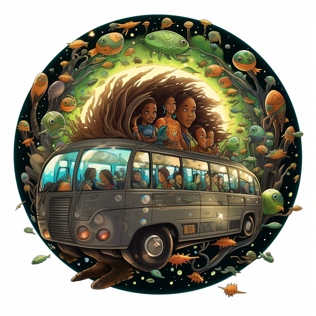 Futuristic school bus with diverse children exploring planet Earth