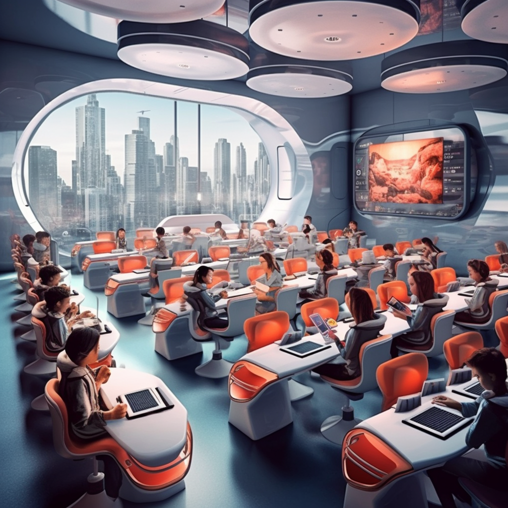 Students learning technology in a futuristic school