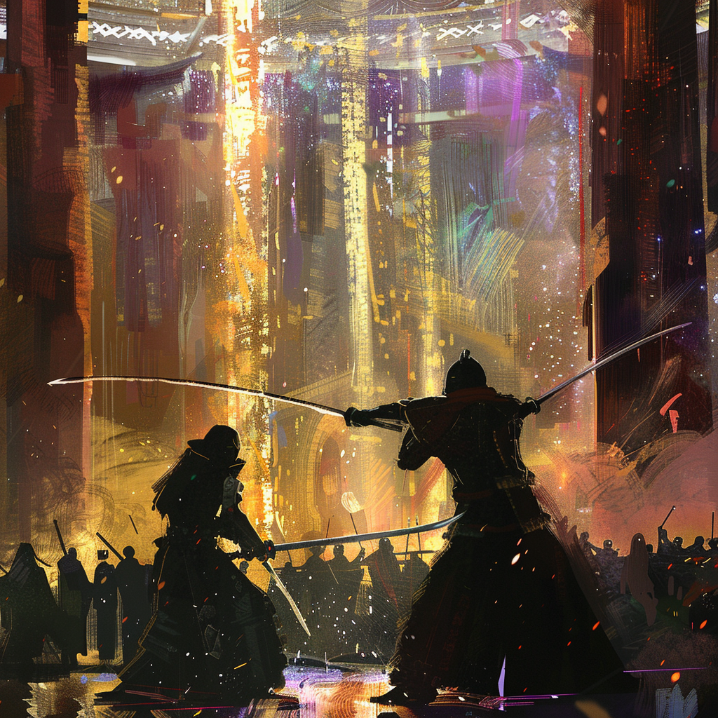 two silhouettes dueling swords crowd