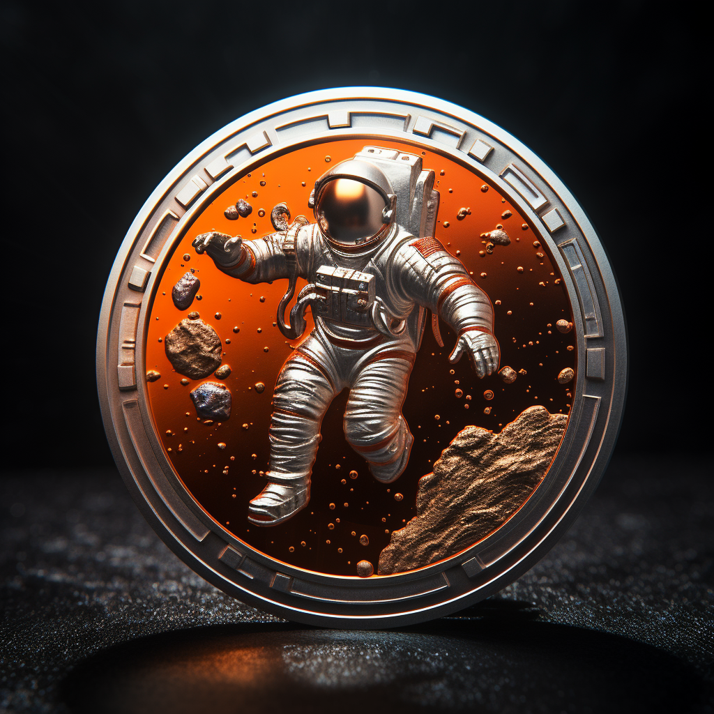 Engraved futuristic sci-fi orange astronaut floating in space