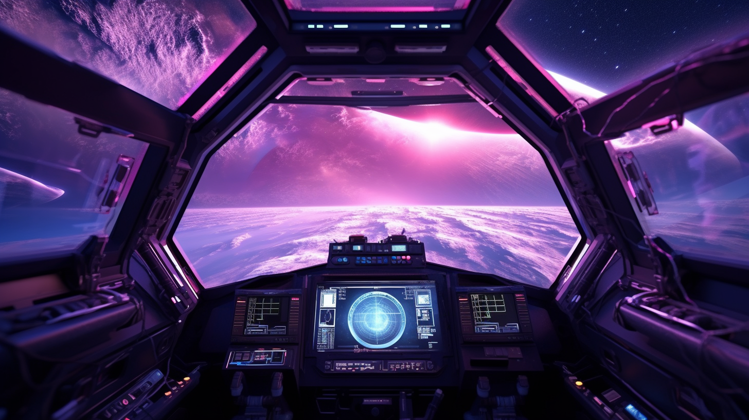 Futuristic spaceship cockpit with windows, charts, and smoke