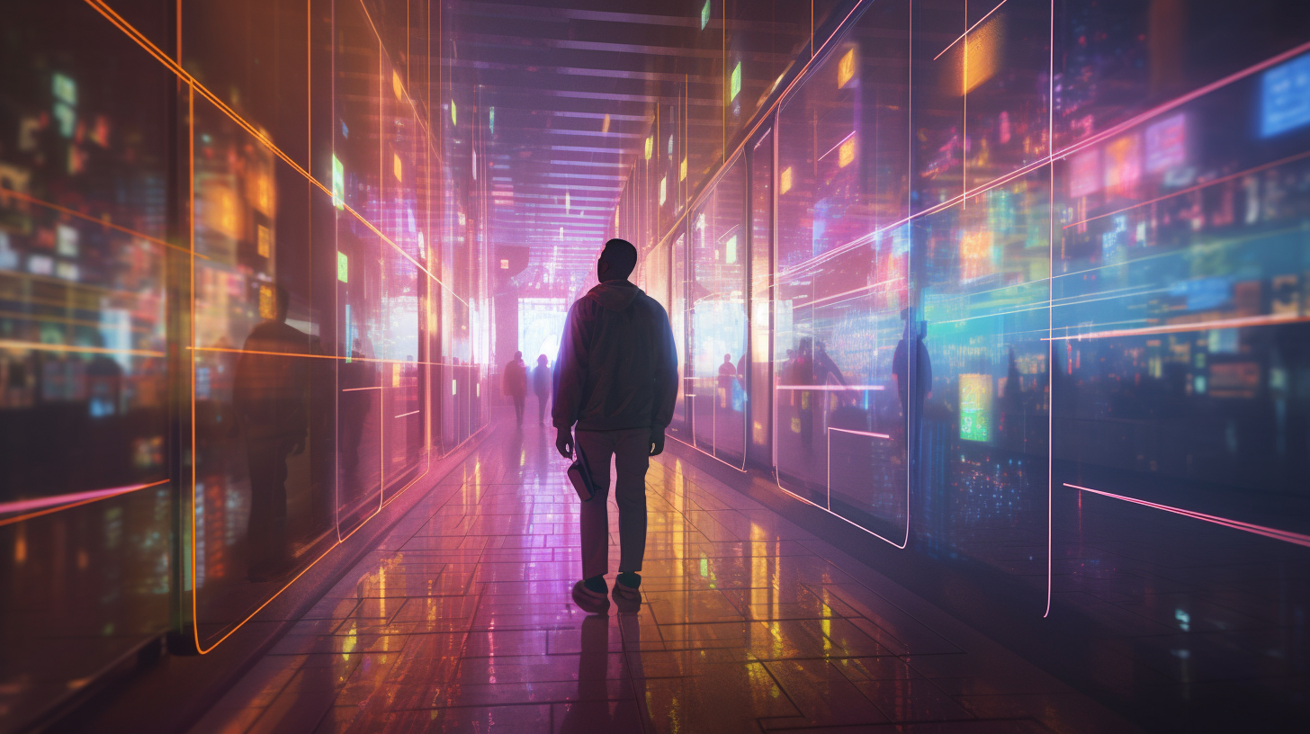 Man walking through futuristic shopping mall