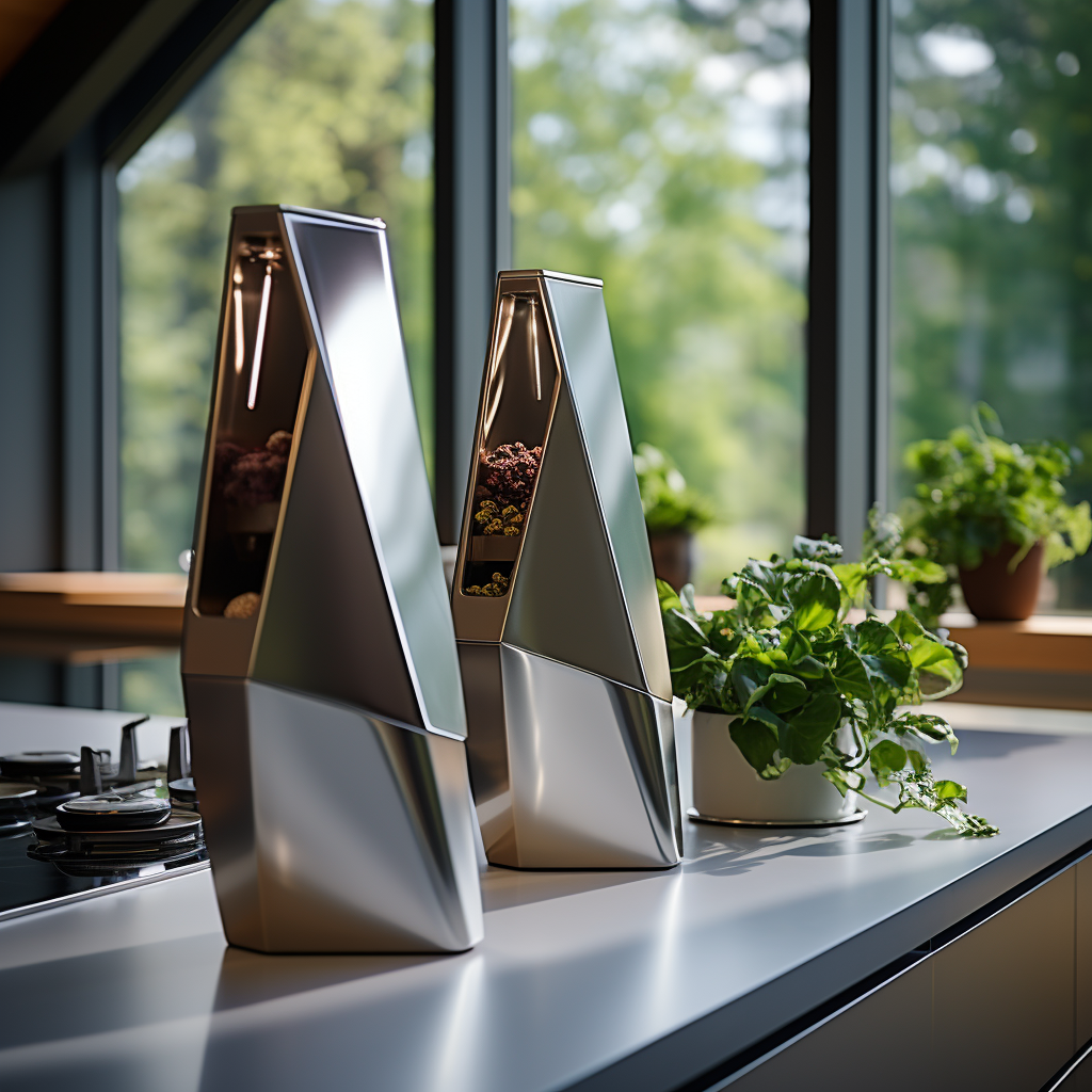 Futuristic silver stove vent hood in upscale kitchen