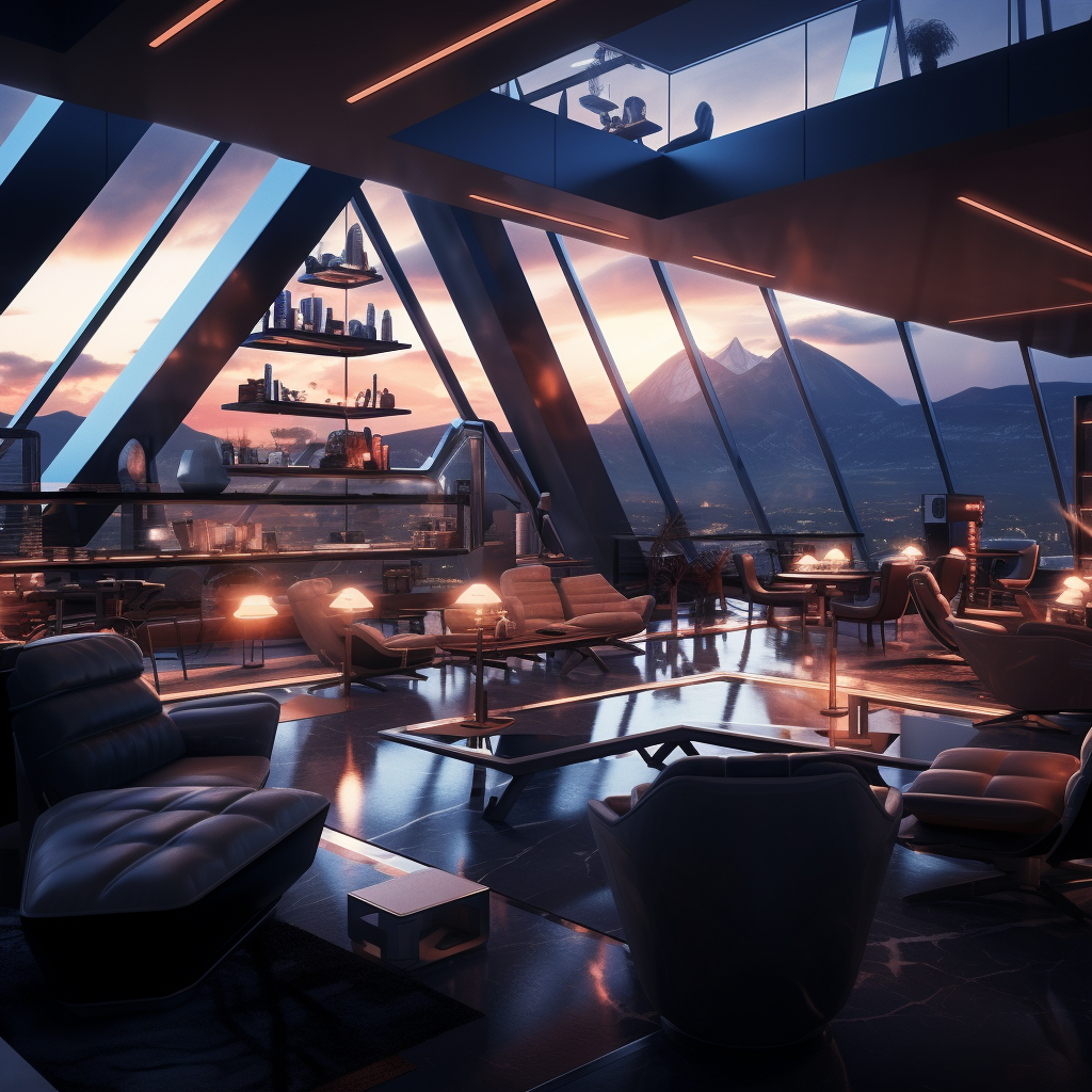 Futuristic sky lounge with pyramid architecture and technology