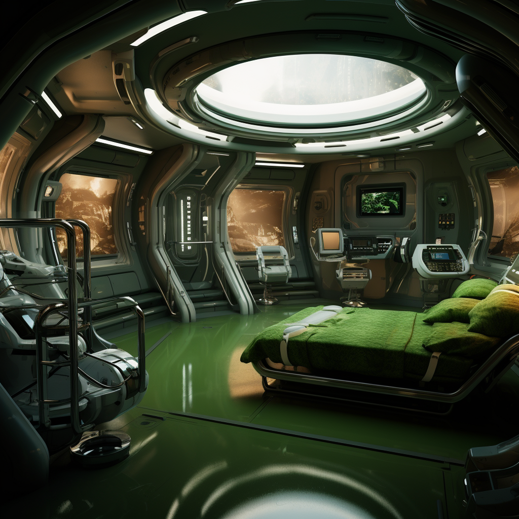 Futuristic space station cabin with green hues