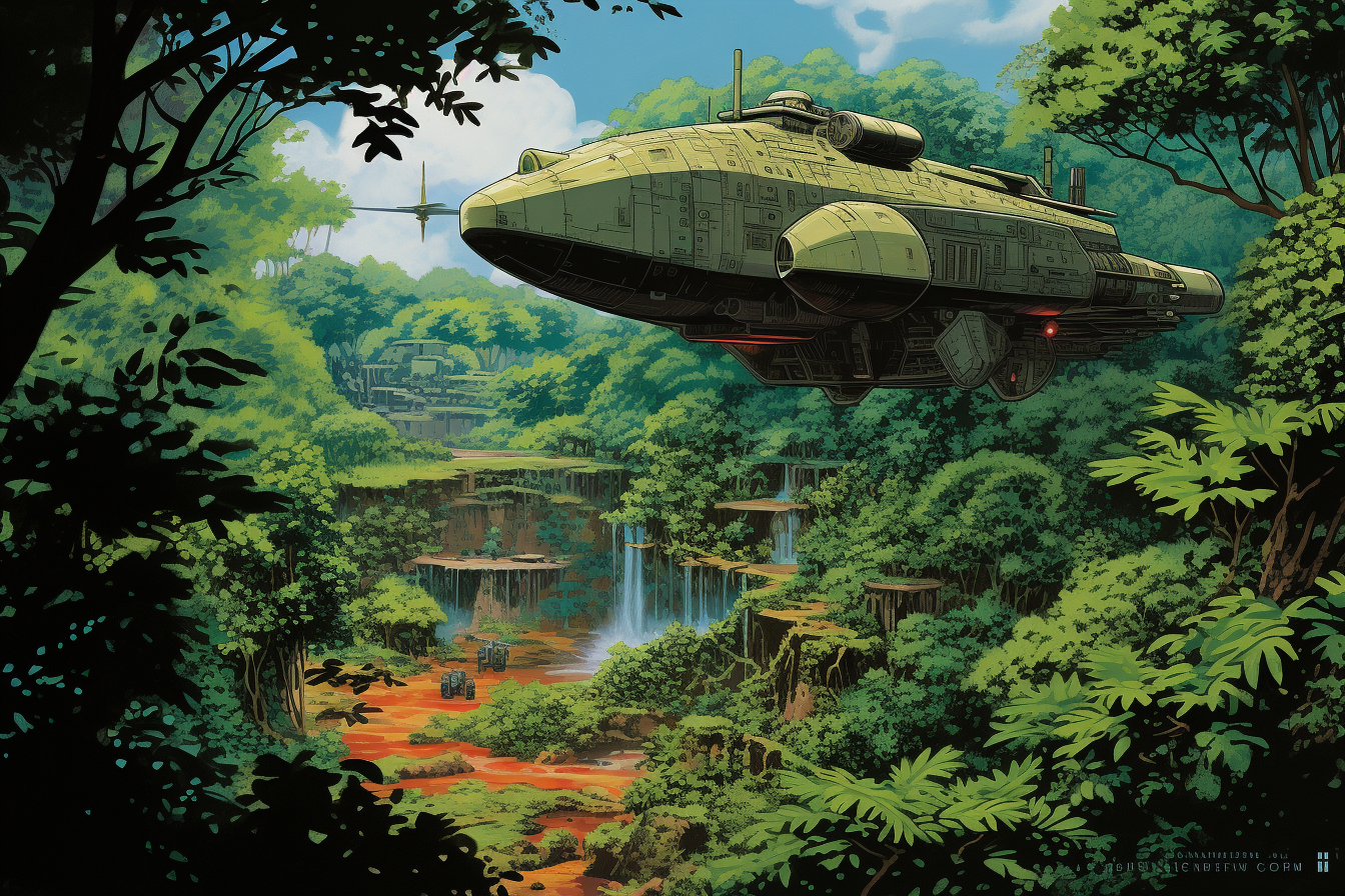 Spaceship taking off from jungle