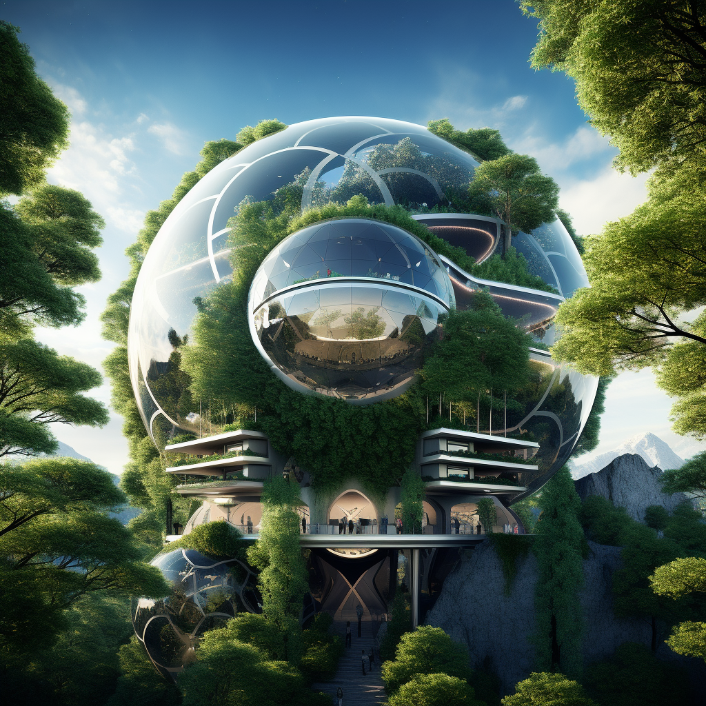 Futuristic spherical building with open roof and vegetation