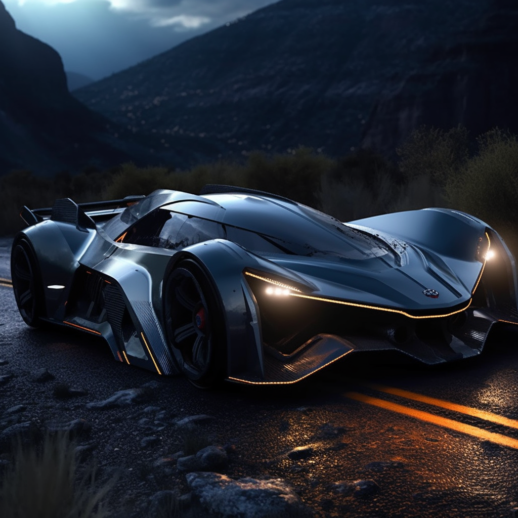 Metallic gray futuristic race car on mountain road