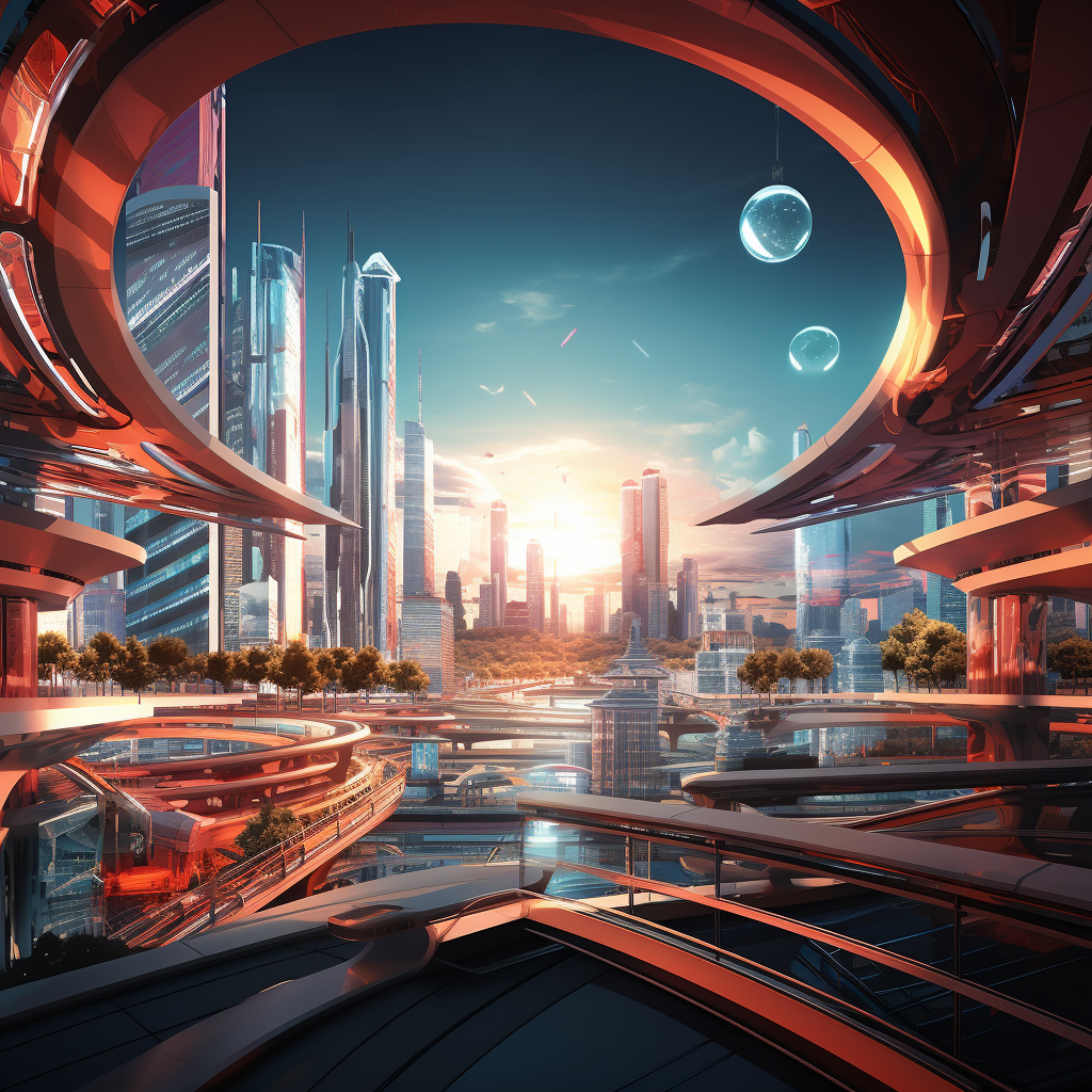 Vibrant futuristic city landscape in Syd Mead style