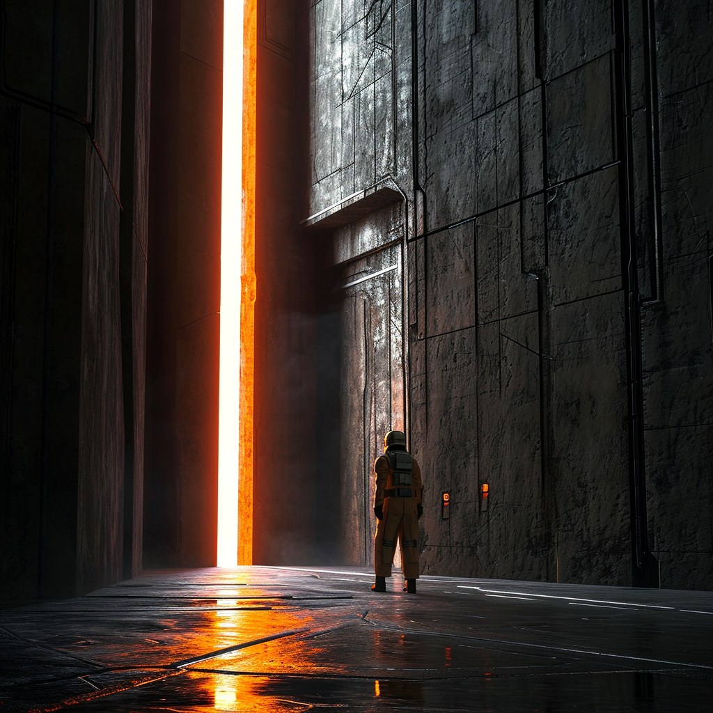 Man in Futuristic Clothing at Door with Glowing Orange Light