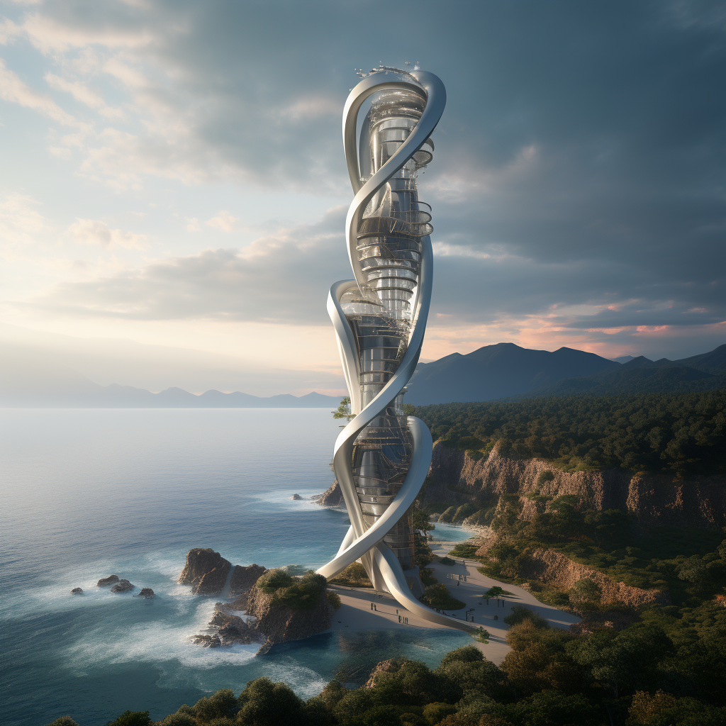 Futuristic tower construction on cliff by the ocean