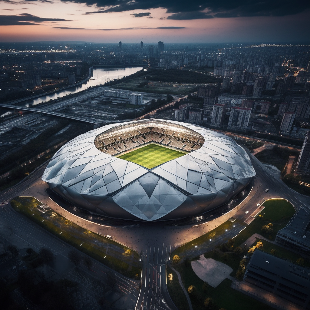 Aerial shot of futuristic Turin Italy World Cup Stadium