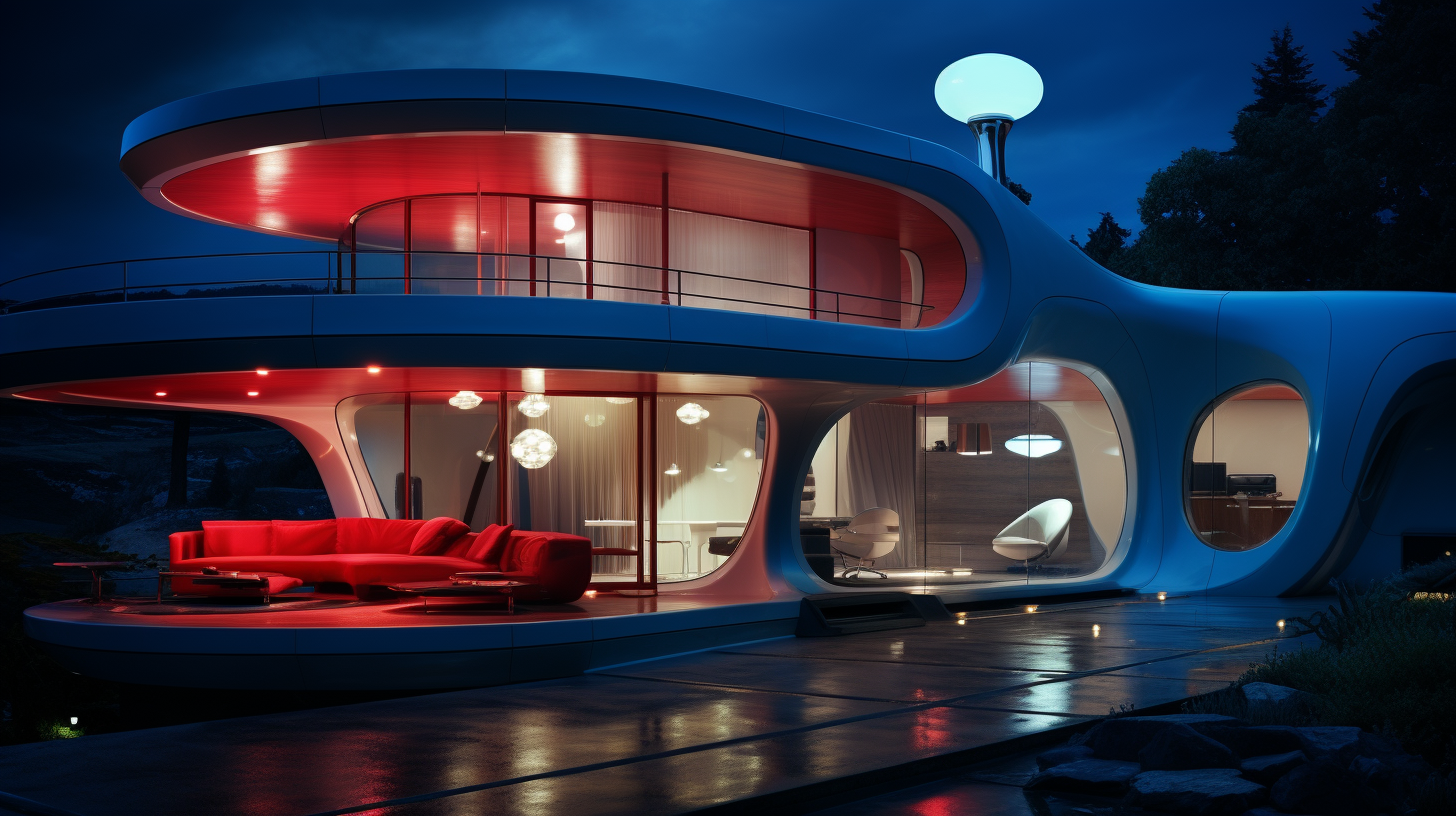 Underground Home with Blue Tones and Red Spotlight