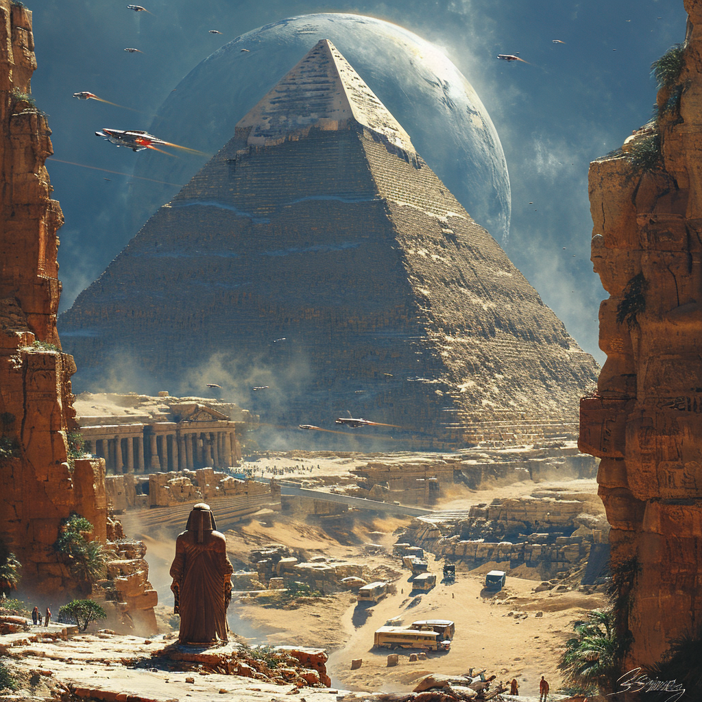 Futuristic view of pyramids with flying cars and holograms