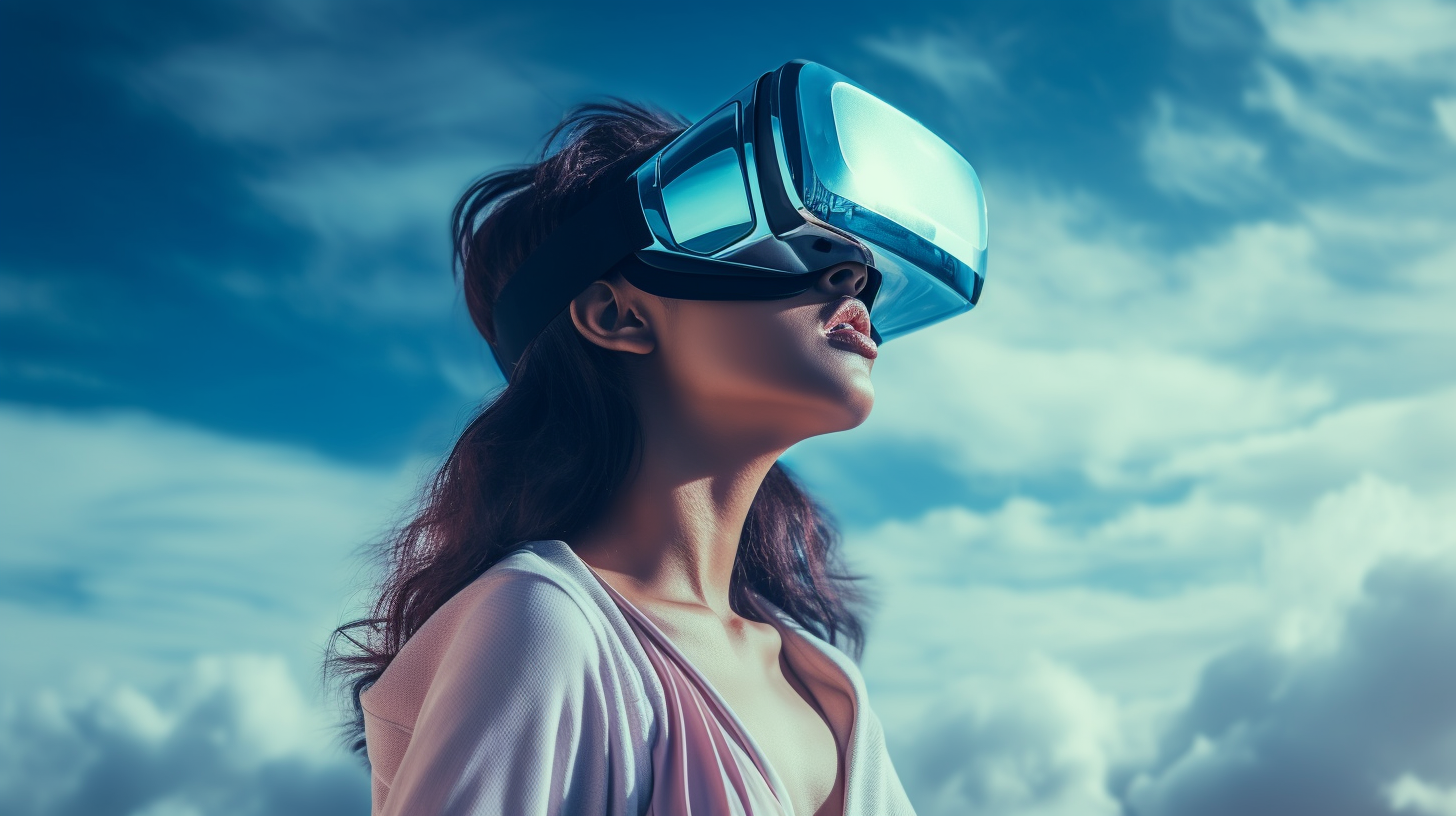 Beautiful woman wearing virtual reality goggles