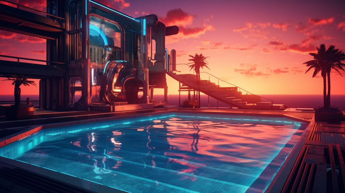 A Cyberpunk Sunset at the Futuristic Virtual Swimming Pool