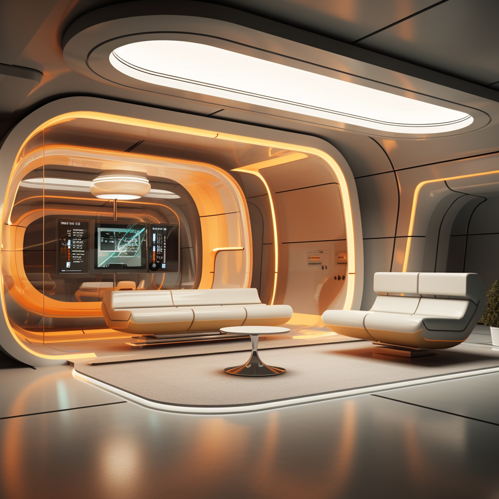 Futuristic waiting room with two doors