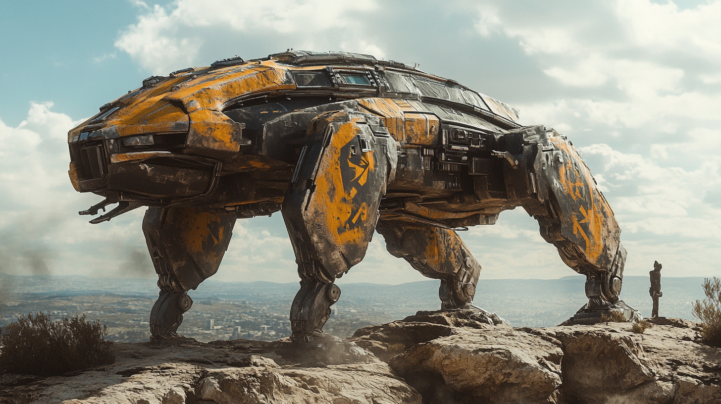 futuristic war machine on cliff