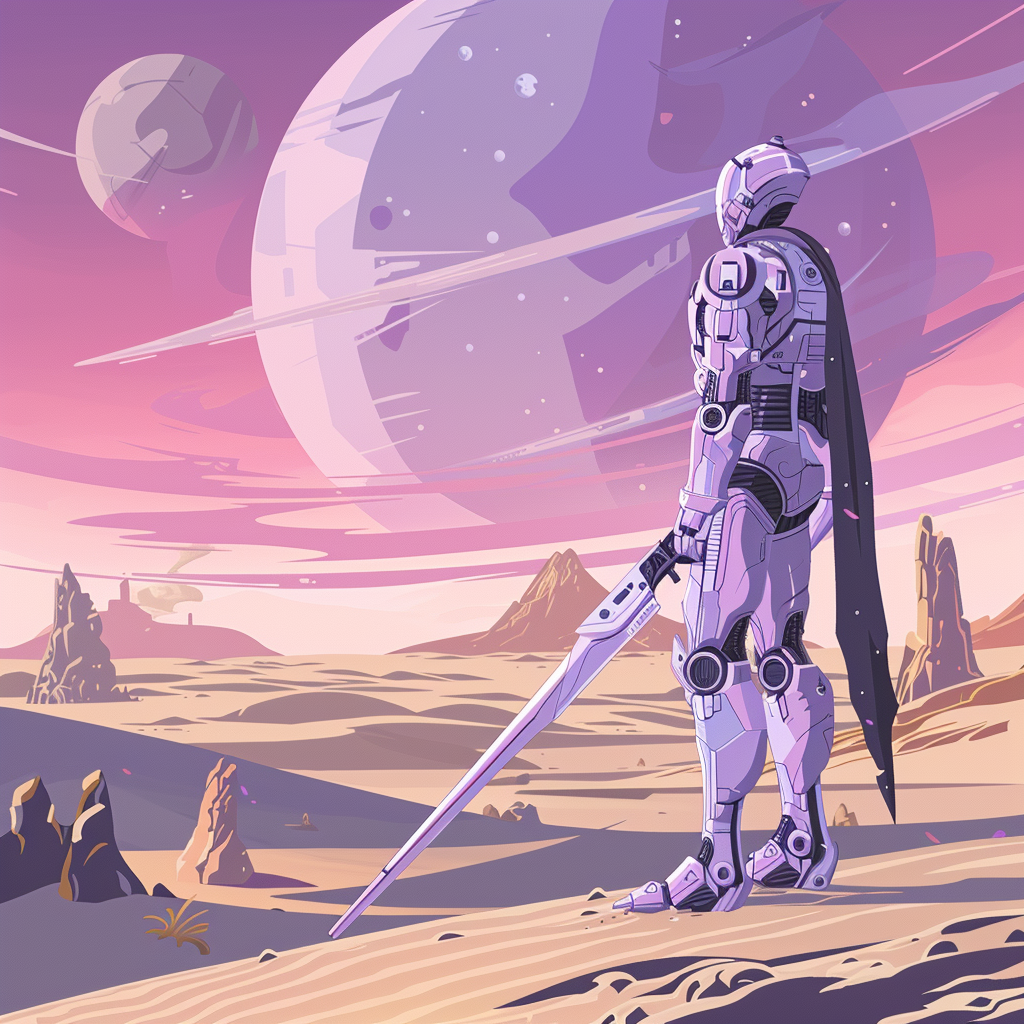 Futuristic purple warrior in desert