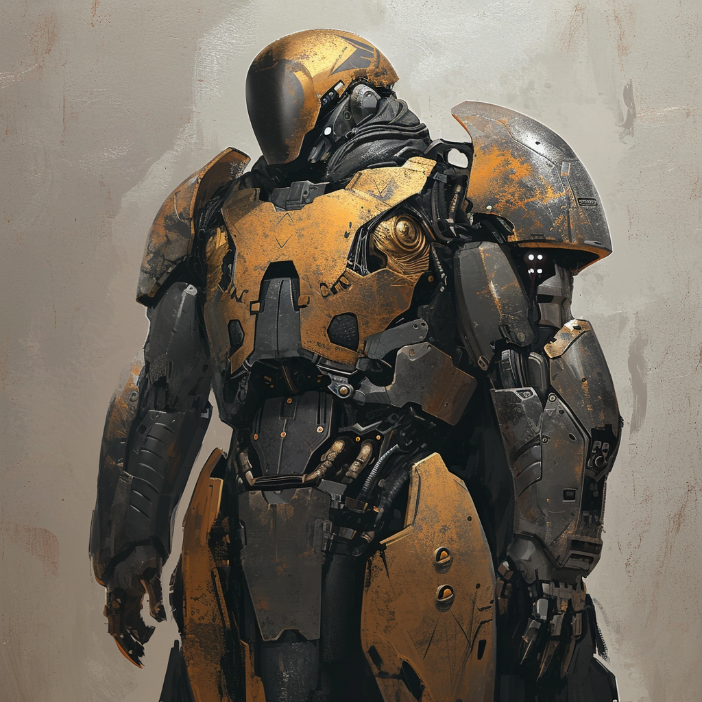 Futuristic warrior in heavy armor with gold skin