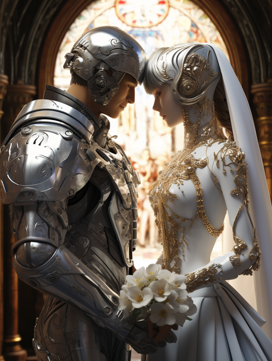 Intelligent man and human getting married in futuristic glamour