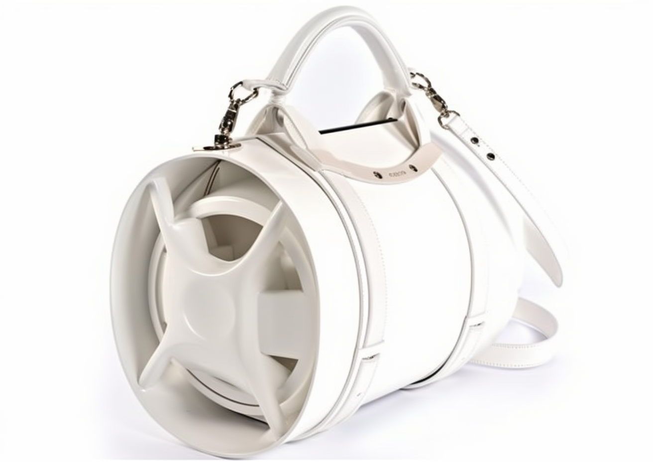 Elegant futuristic white metal bag with detachable strap