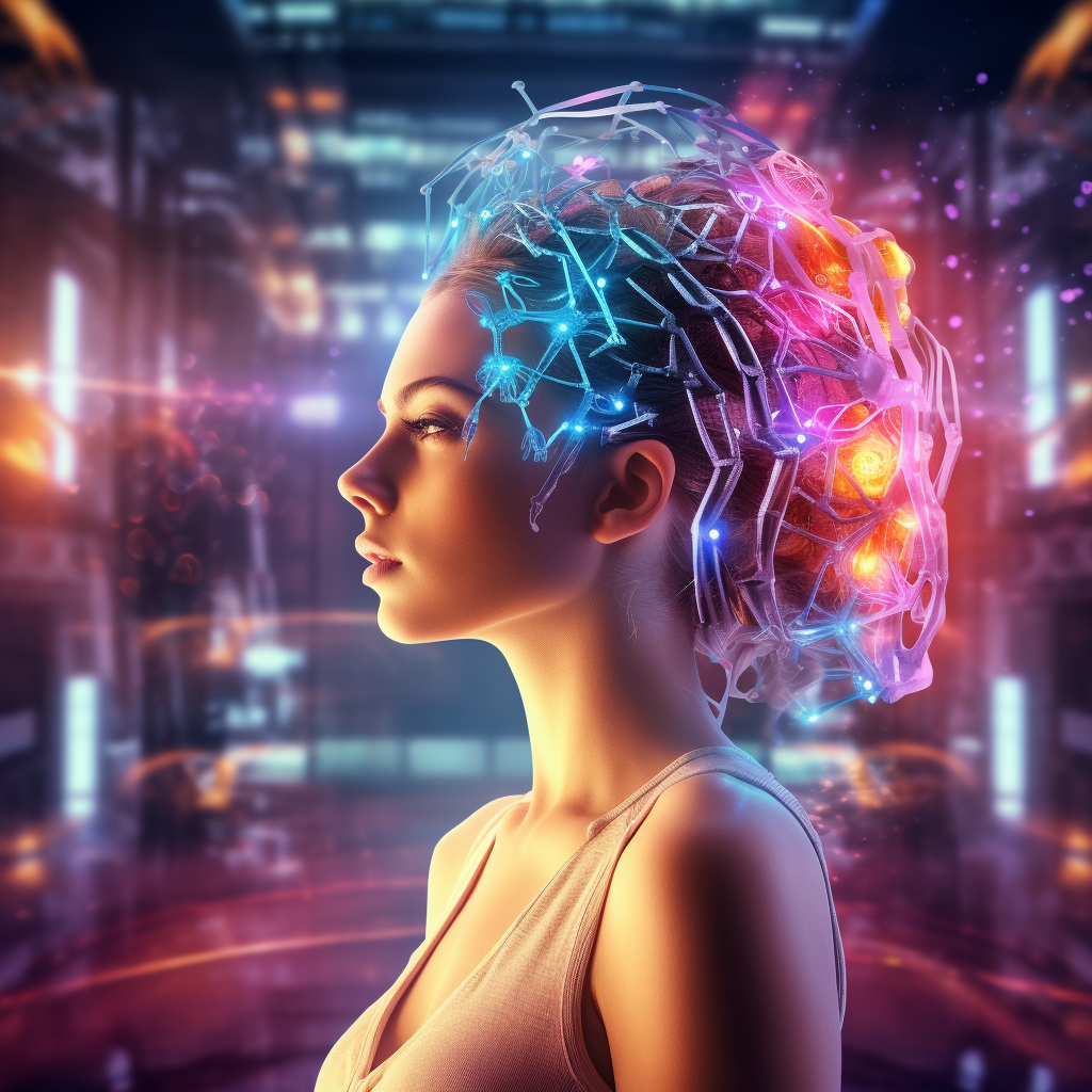 Futuristic woman with artificial humanoid brain in dynamic environment