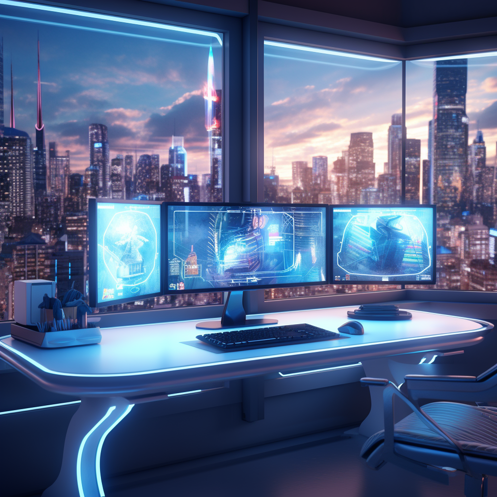 Futuristic workspace with computer screen showing progressbar