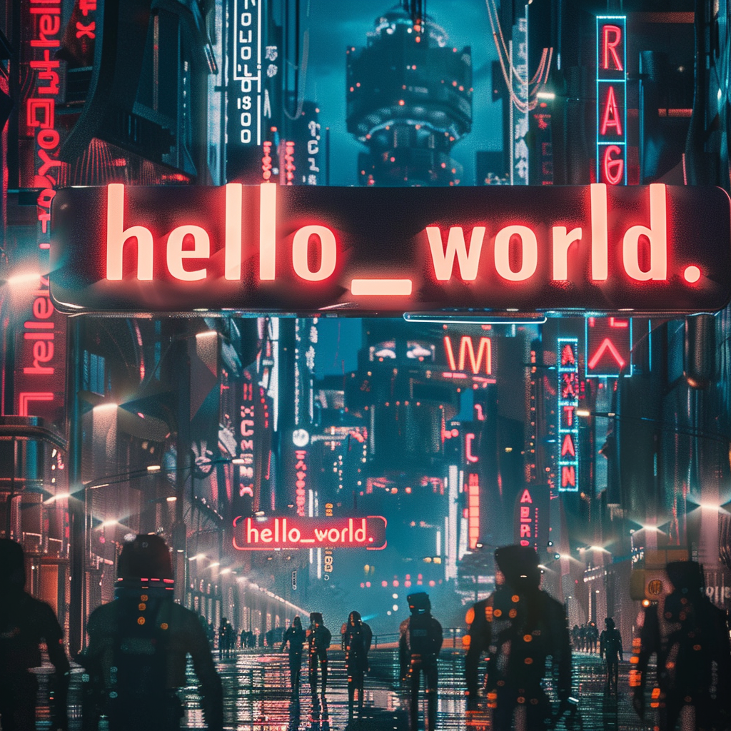 Person under hello_world.exe holographic sign