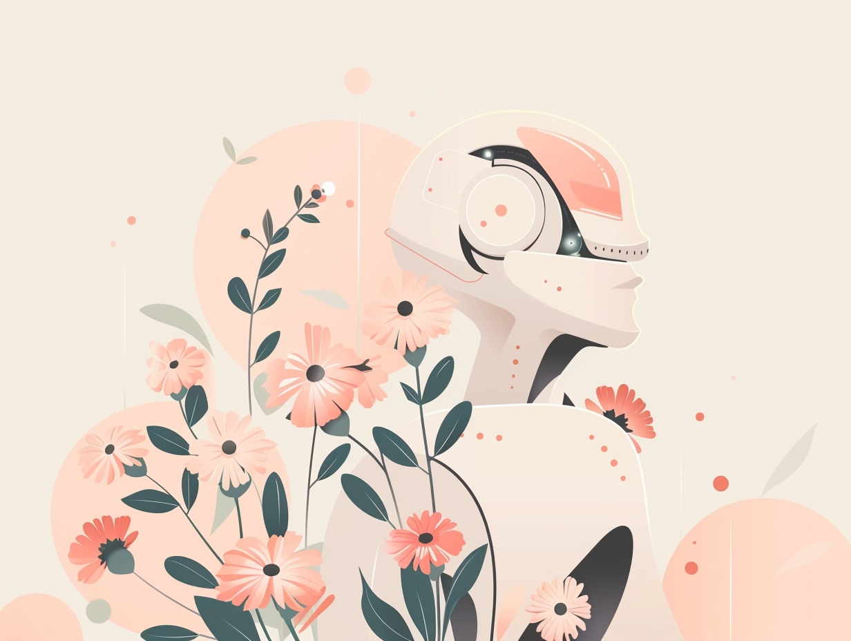 Minimalistic futuristic AI bot with flowers