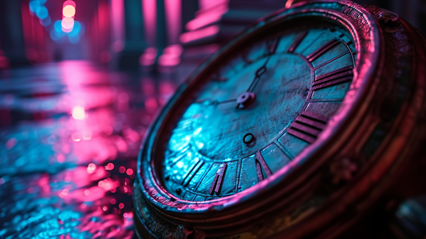 Futuristic steampunk-style analog clock on neon background