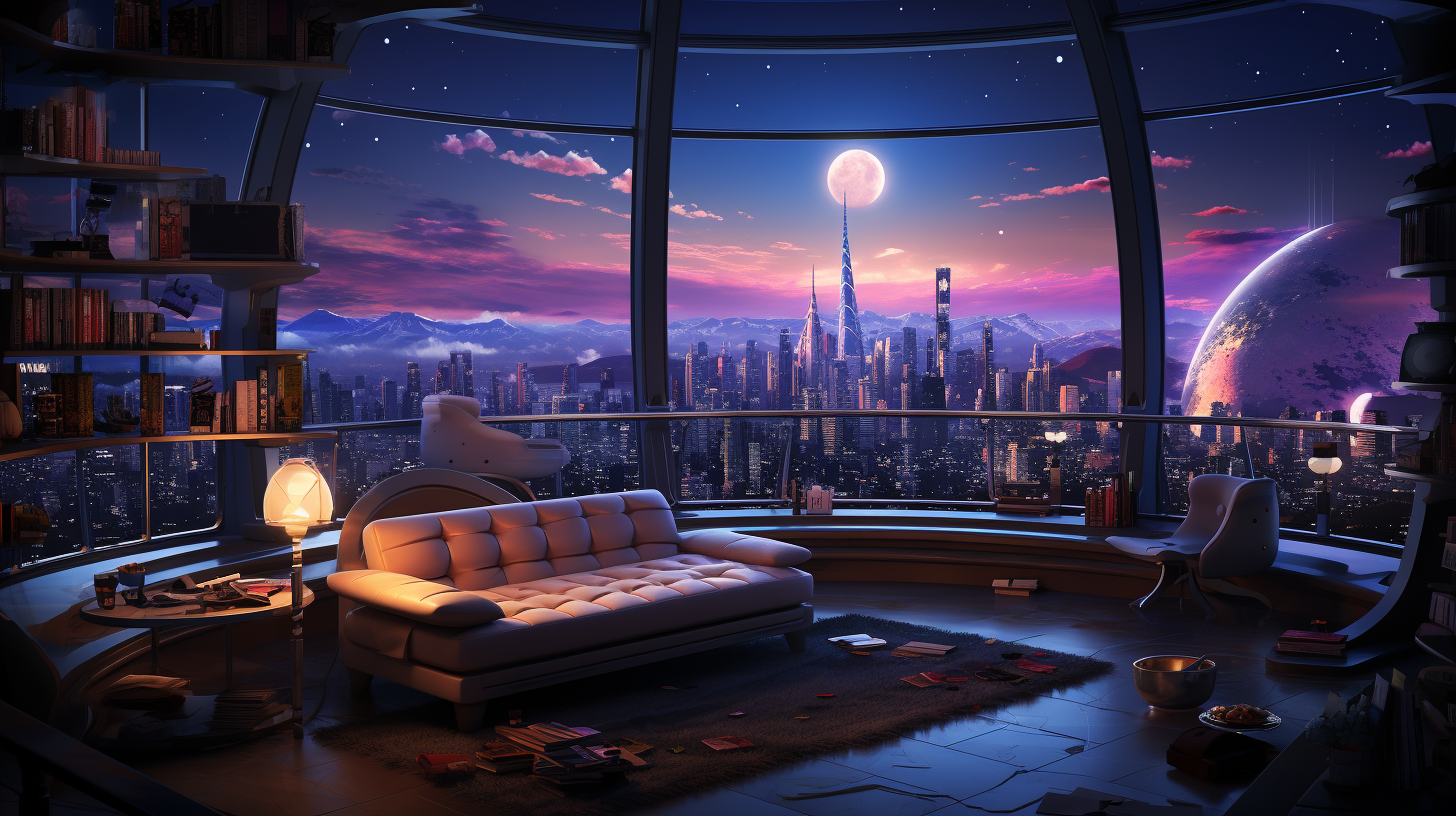 Futuristic apartment with cosmos, skyscrapers, and rain