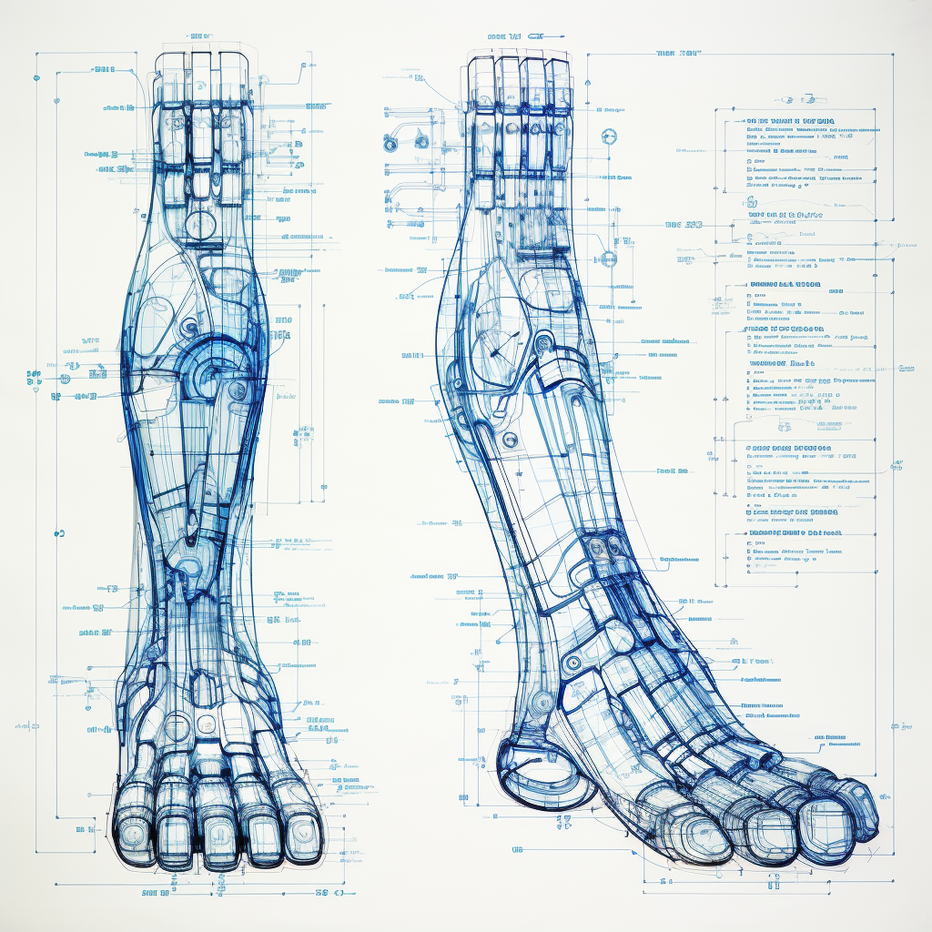 Futuristic architectural anatomical cyber foot diagram