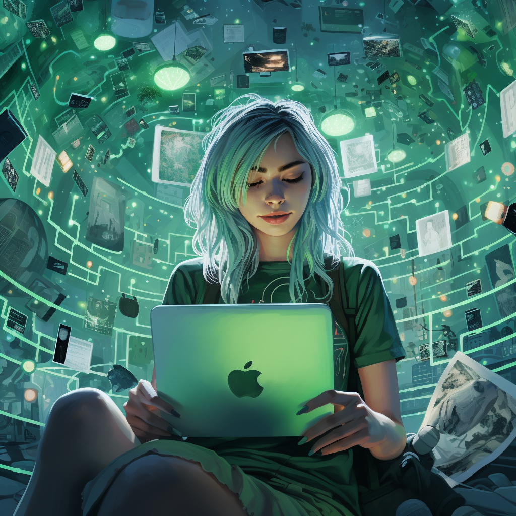 Futuristic bedroom with green-haired girl stretching