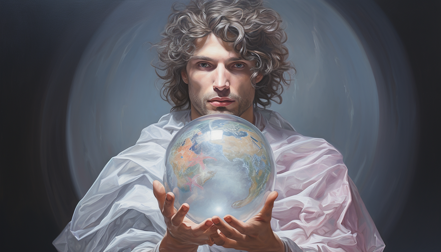 Futuristic being holding planet in oil painting style