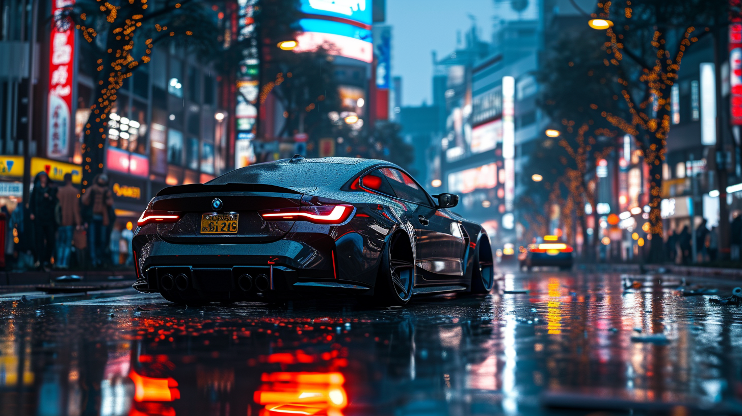 Futuristic black widebody sleek supercar in Tokyo city