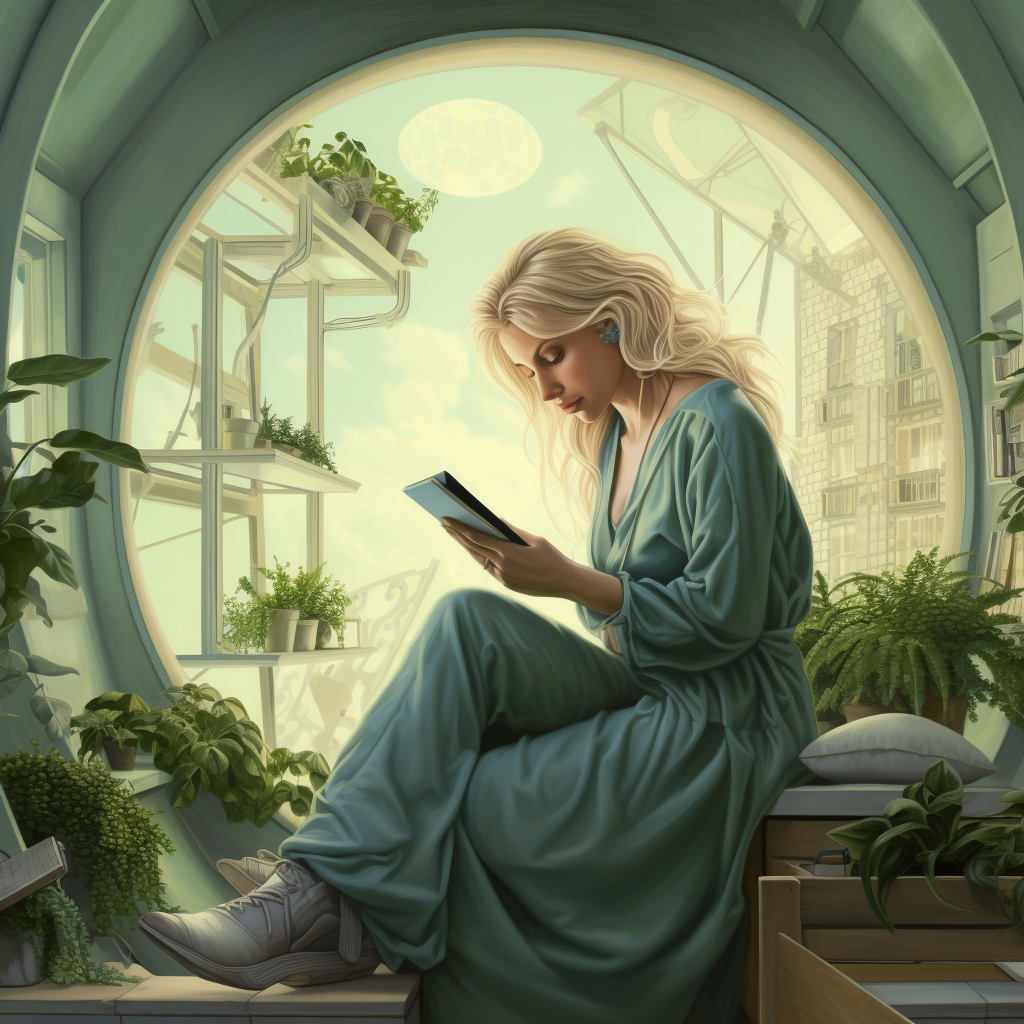 Blonde woman writing about pregnancy in green and cream baby nursery