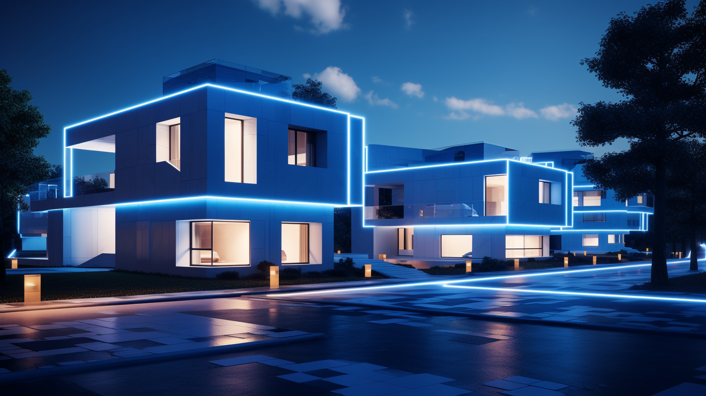 Futuristic box shape houses with blue lighting