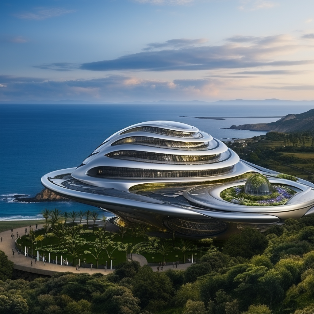 Futuristic building overlooking port city