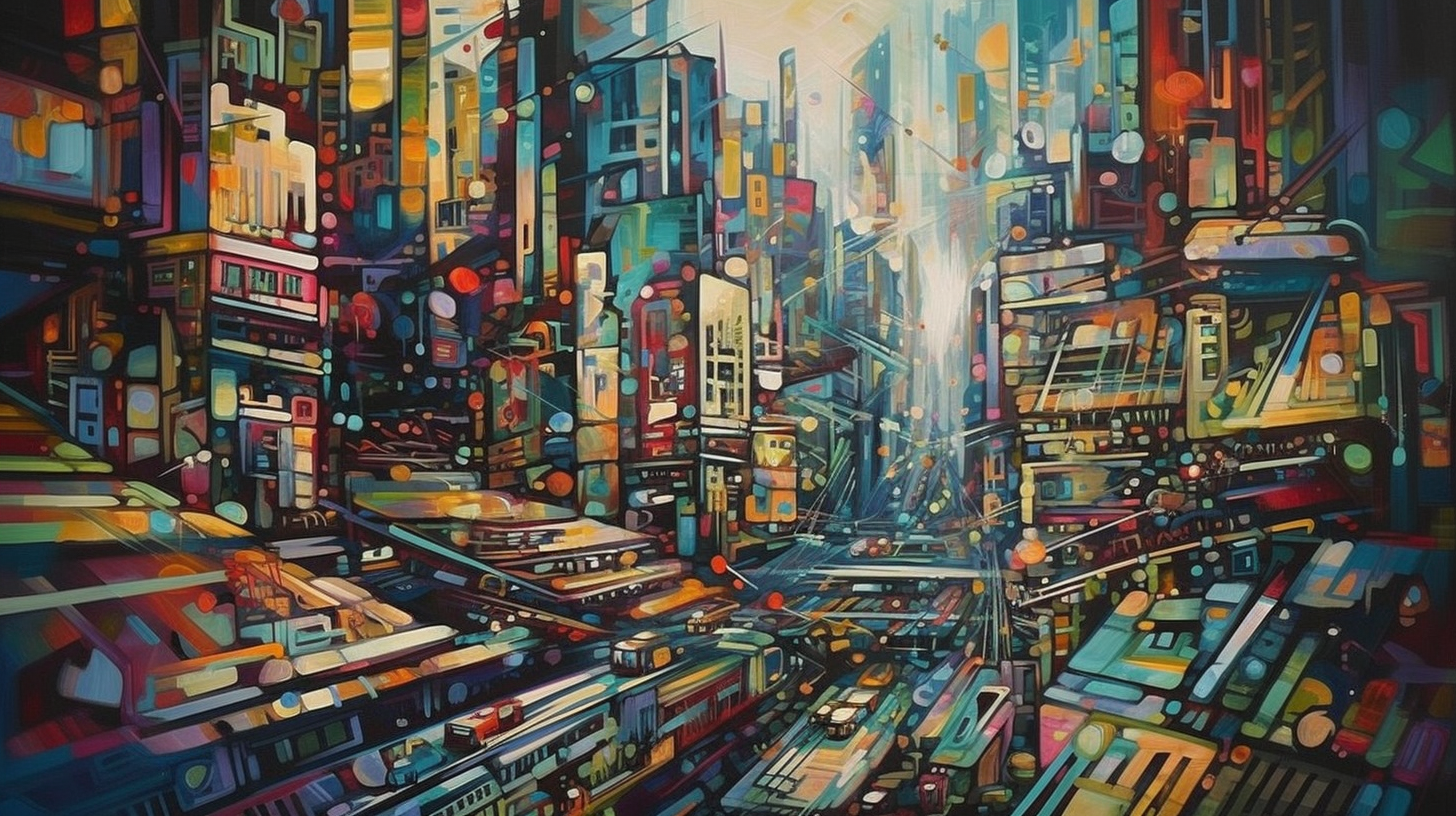 Vibrant Painting of Futuristic City Buildings