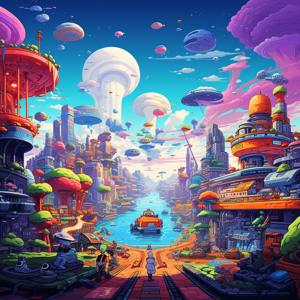 Futuristic city with Mario Kart characters