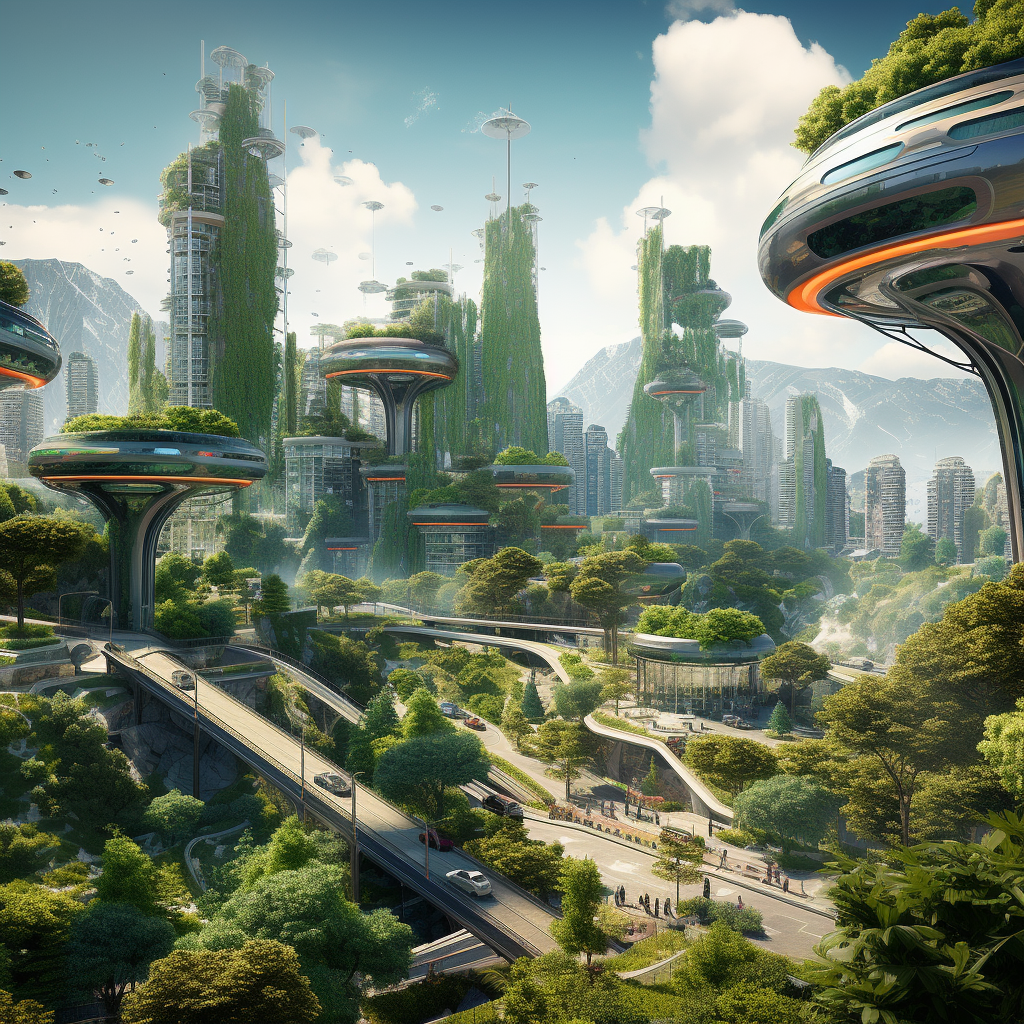 City with flying cars and futuristic buildings