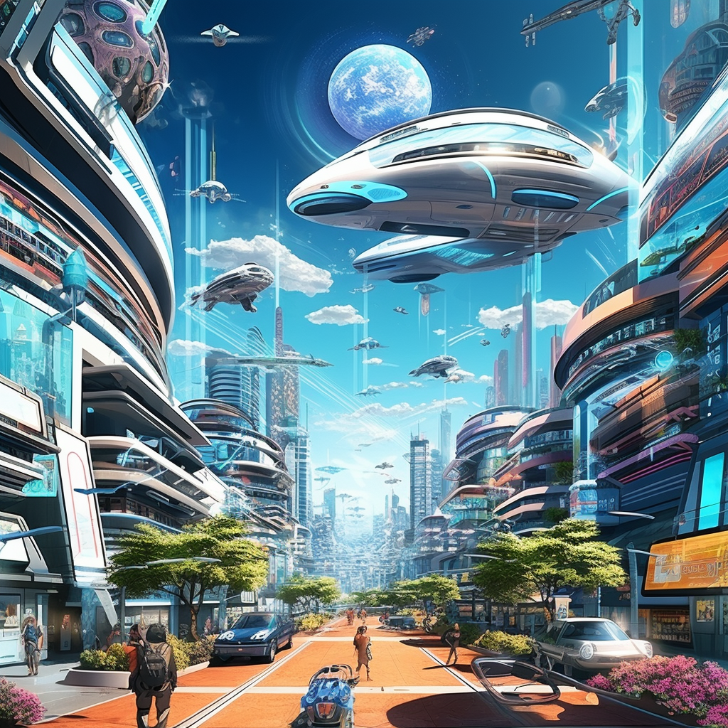 Futuristic city with flying cars