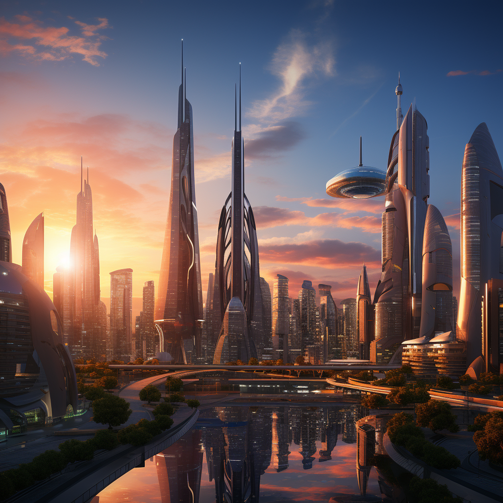 Hyper-realistic futuristic cityscape at sunset