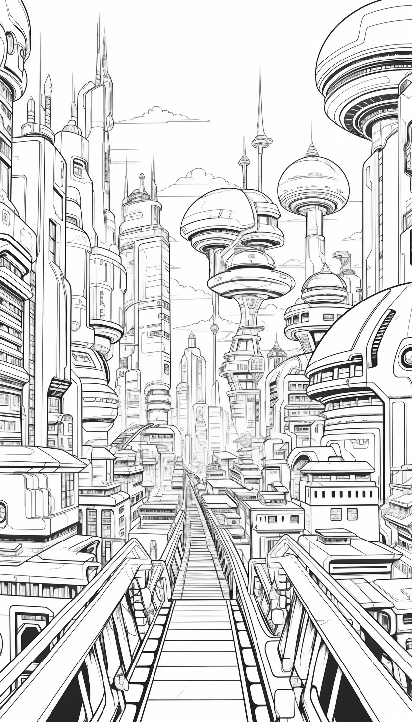 Grayscale coloring page of futuristic city