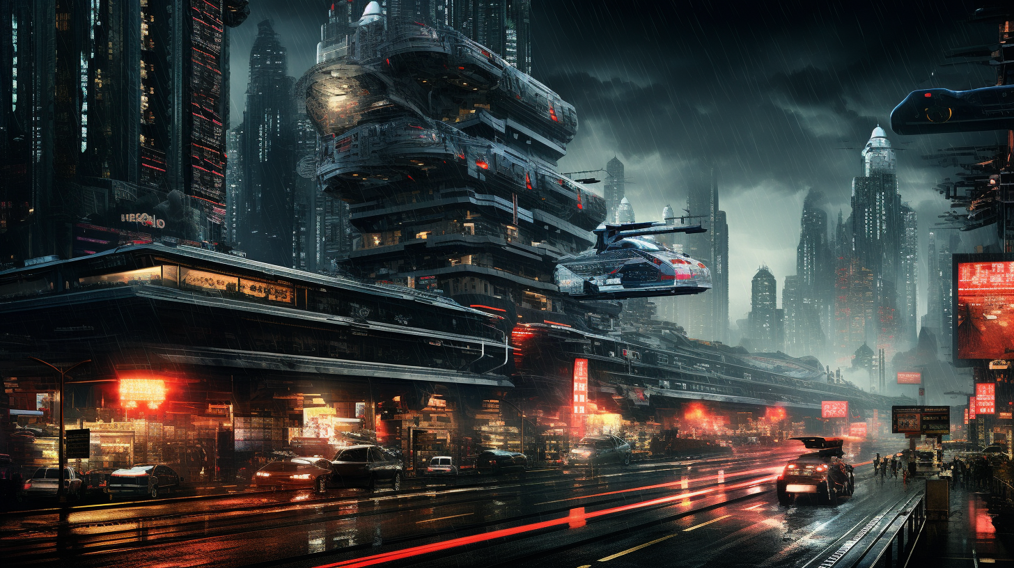 Blade Runner-like city at night with heavy aircar traffic