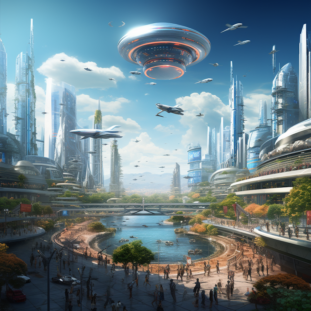 Illustration of futuristic city with AGI interaction