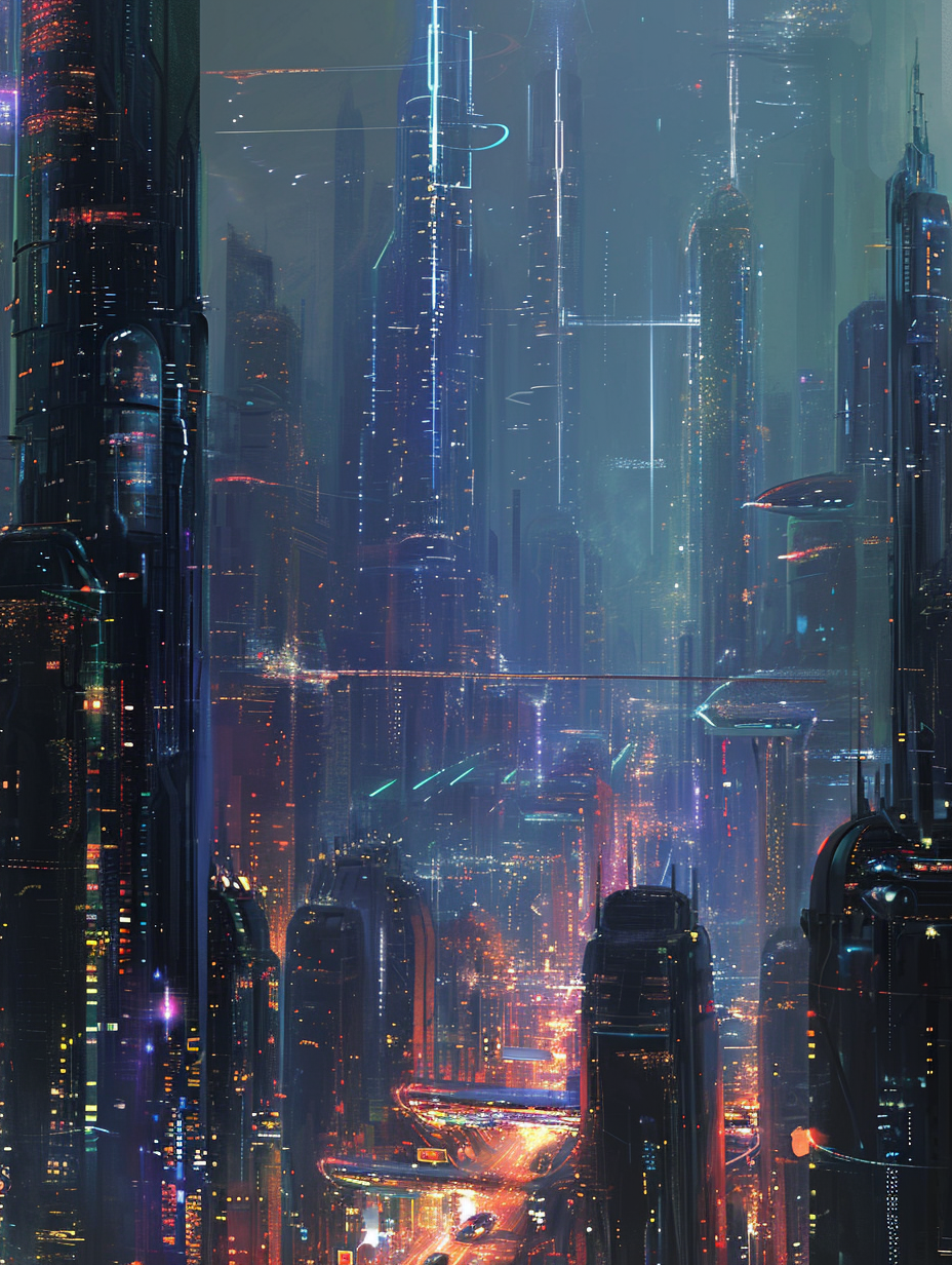 Futuristic city with skyscrapers, streets, and neon lights