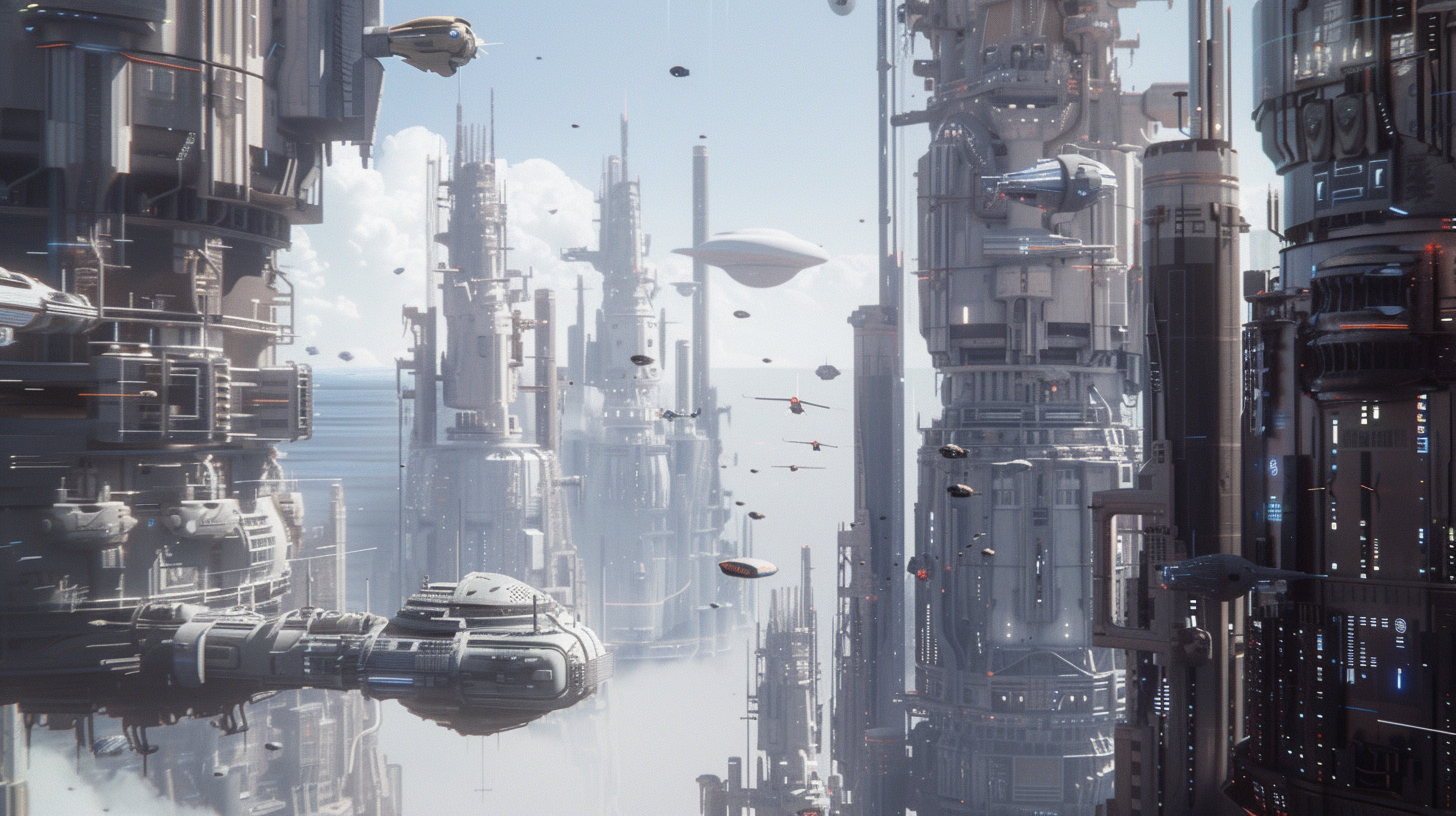 Futuristic city skyline with flying cars